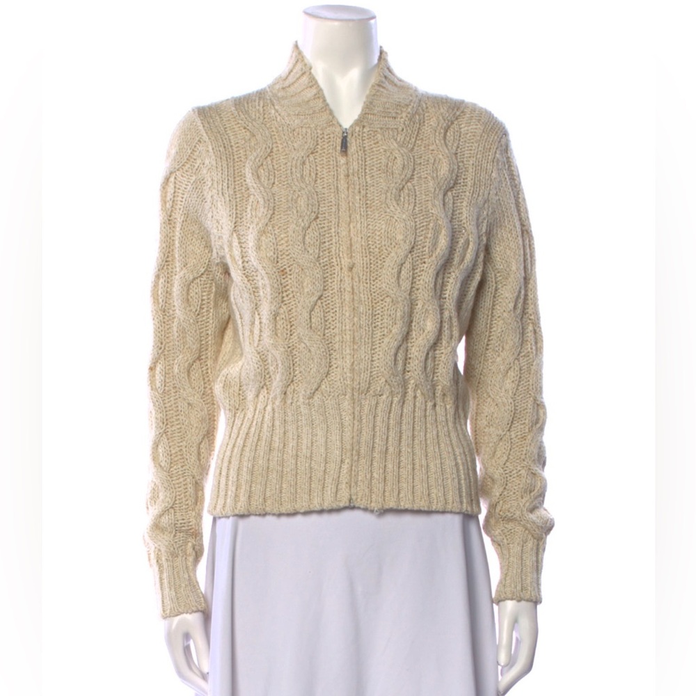 Weekend Max Mara Cable Knit Cotton Silk Beige V-Neck Zip Up Cardigan Sweater M